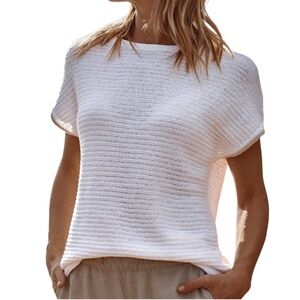 J JILL Women’s White Beachy Coastal Cottagecore Cap Sleeve Crochet Sweater Sz S